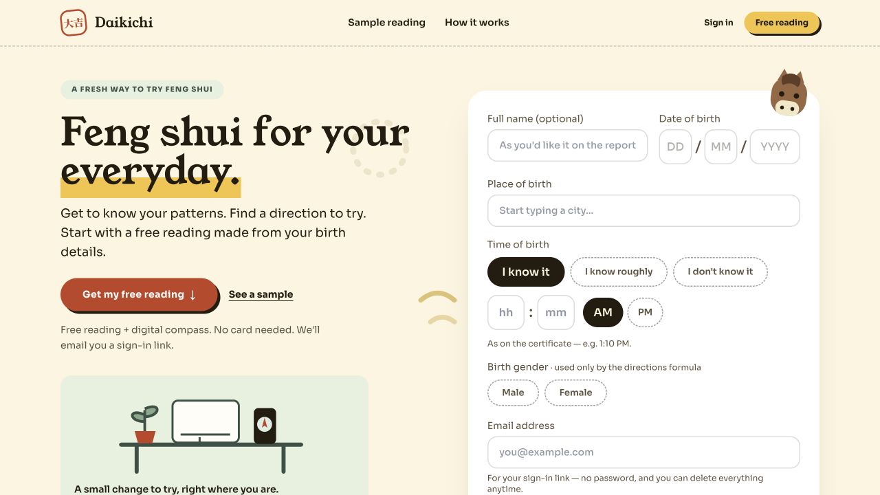 Daikichi website: Feng shui for your everyday, with a free reading form and illustrated desk