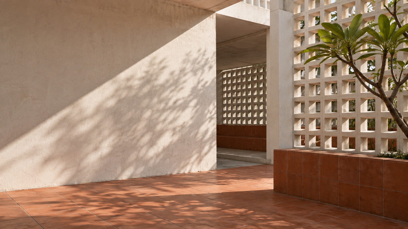 Imagined Malaysian modernist courtyard with breeze-block walls, terracotta and warm daylight